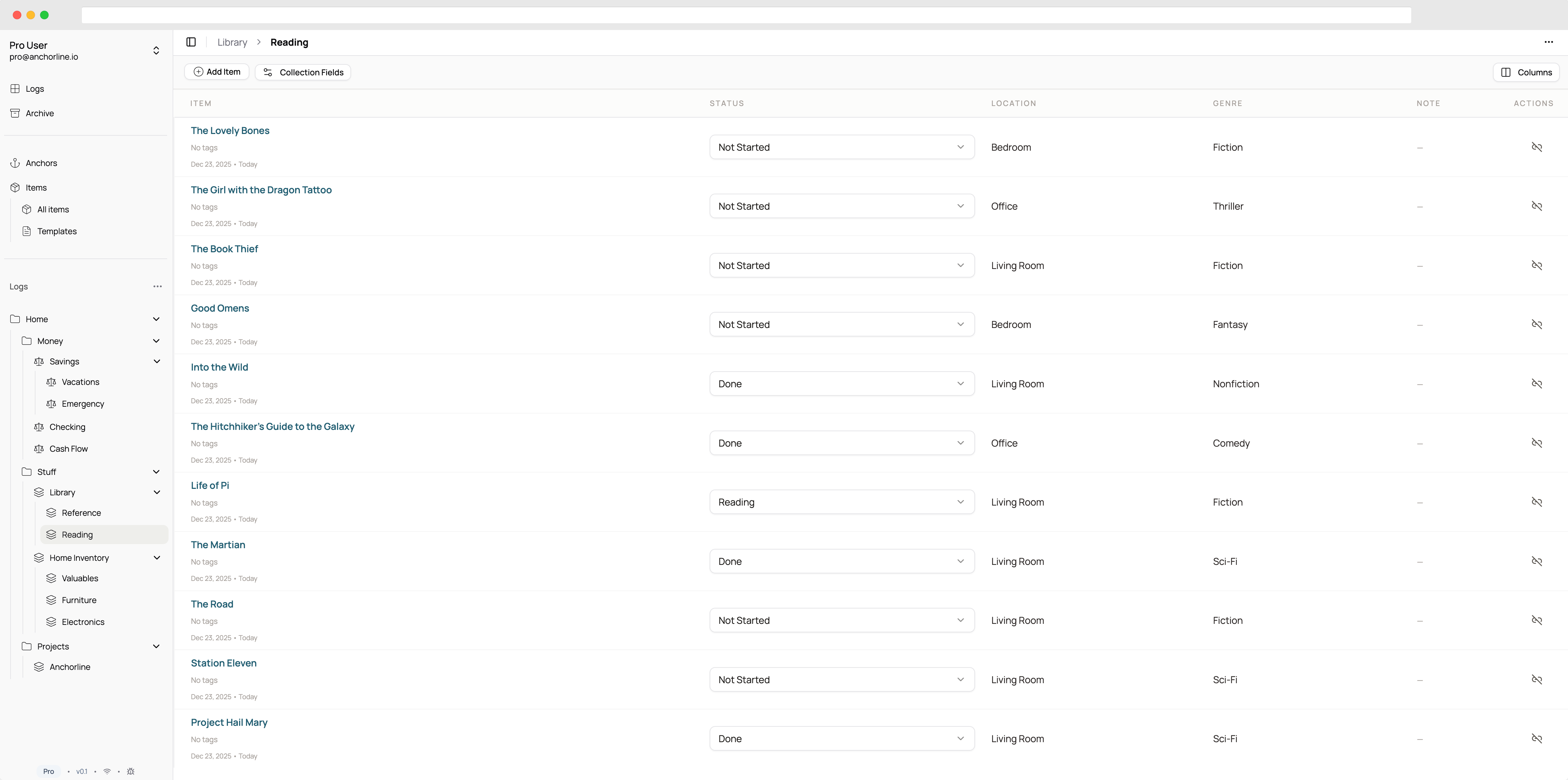 Collection log showing items with custom fields