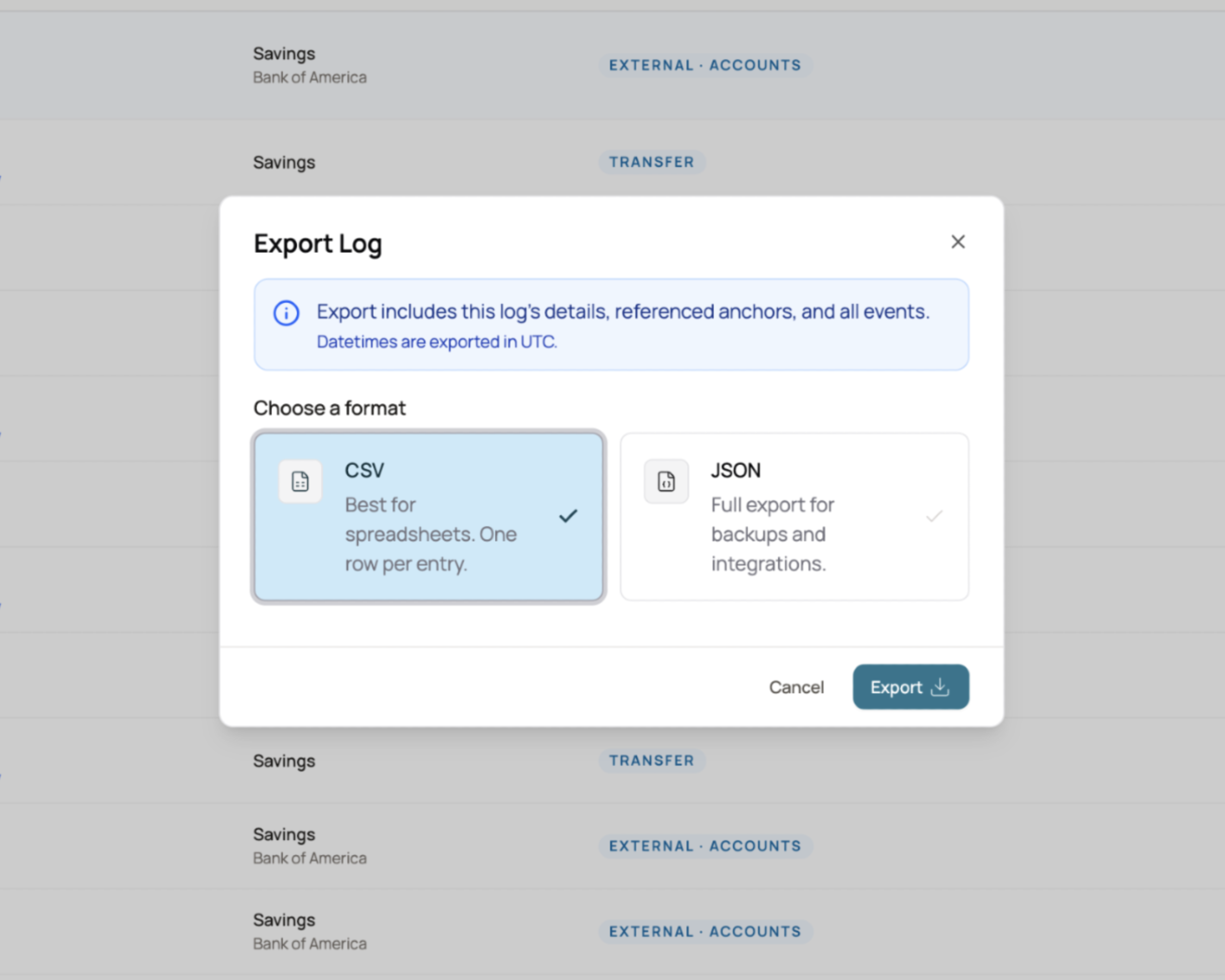 Screenshot showing CSV export options